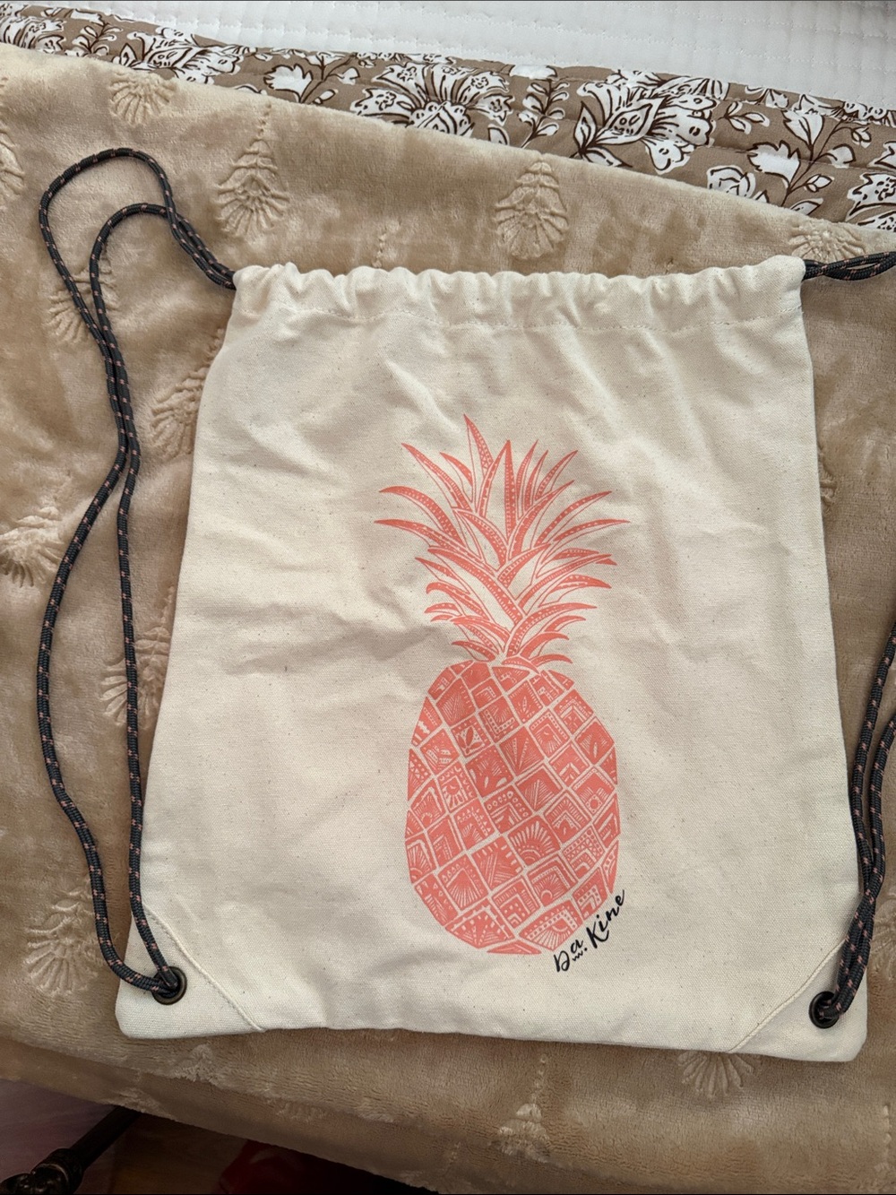 Dakine Cream Drawstring Backpack with Coral Pineapple Print